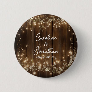 Wood Rustic String Lights White Floral Wedding 6 Cm Round Badge