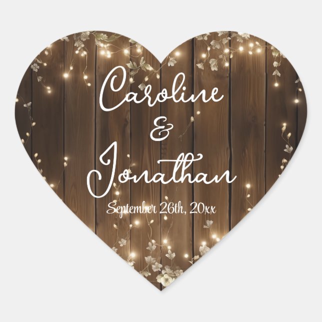 Wood Rustic String Lights White Floral Wedding Heart Sticker (Front)