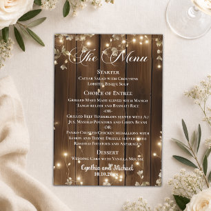 Wood Rustic String Lights White Floral Wedding Menu