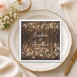 Wood Rustic String Lights White Floral Wedding Napkin