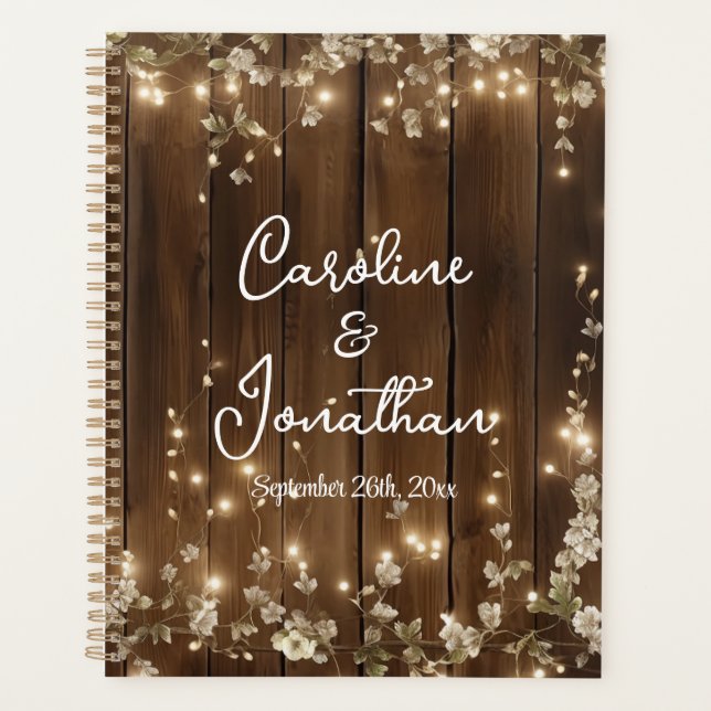 Wood Rustic String Lights White Floral Wedding Planner (Front)