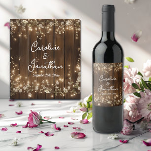 Wood Rustic String Lights White Floral Wedding Wine Label