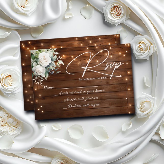 Wood Rustic String Lights White Roses Wedding RSVP Card (Creator Uploaded)