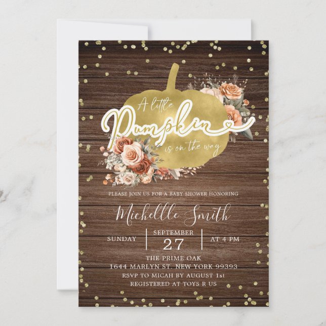 Wood Rustic Terracotta Pumpkin Baby Shower Invitation (Front)