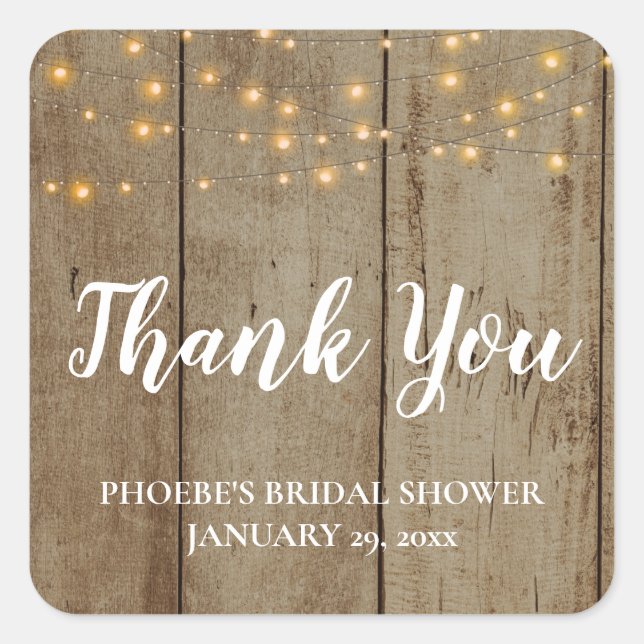 Wood Rustic Theme String Lights Bridal Shower Square Sticker (Front)