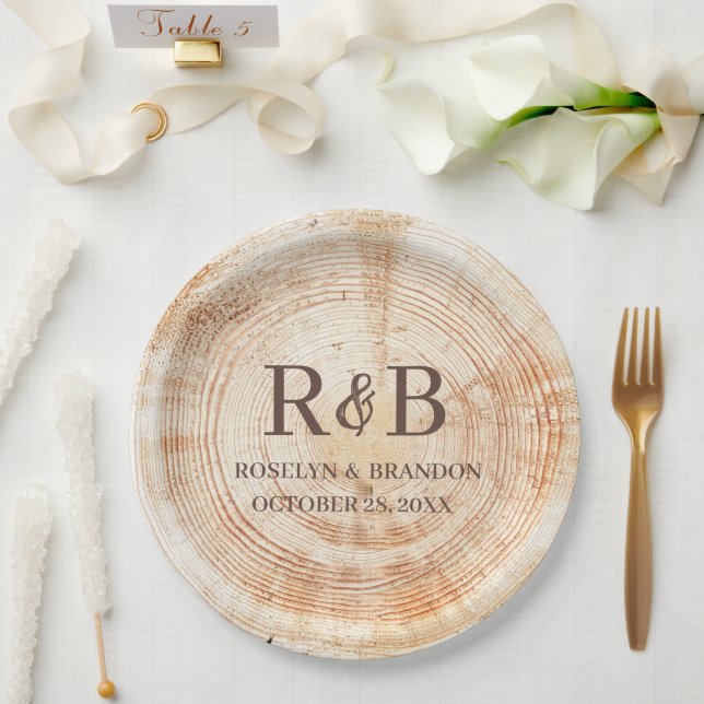 Wood Rustic Wedding Custom Monogram Names Paper Plate (Wedding)