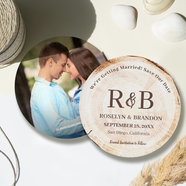 Wood Rustic Wedding Monogram Names Custom Photo Save The Date (Monogram Rustic Wood cut slice custom engagement photo wedding save the date round card.)