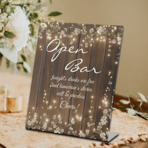 Wood Rustic White Floral String Lights Open Bar Pedestal Sign