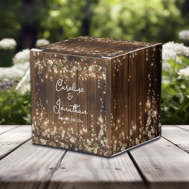 Wood Rustic White Floral String Lights Wedding Favour Box (Creator Uploaded)