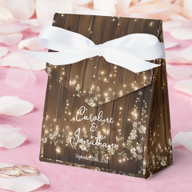 Wood Rustic White Floral String Lights Wedding Favour Box (Wedding)