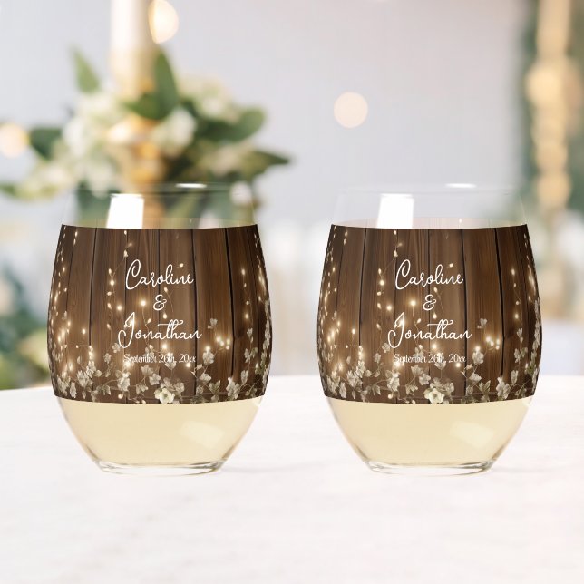 Wood Rustic White Floral String Lights Wedding Stemless Wine Glass (Insitu (Wedding))