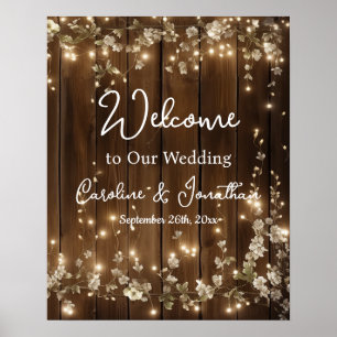 Wood Rustic White Floral String Lights Welcome Poster