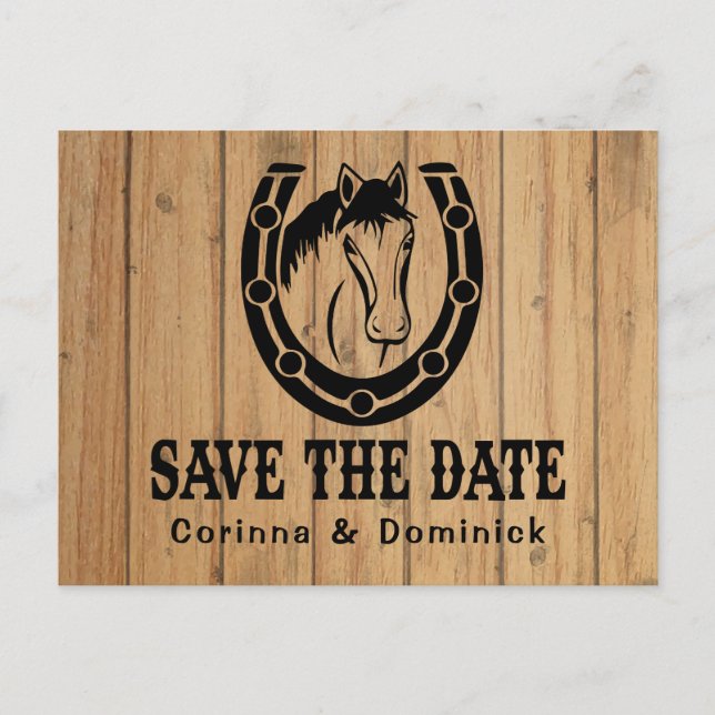 Wood Save The Date Engagement Wedding Horse Postcard (Front)