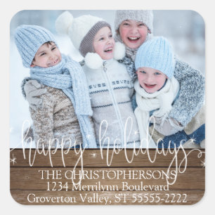 Wood Script HAPPY HOLIDAYS Photo Return Address Square Sticker