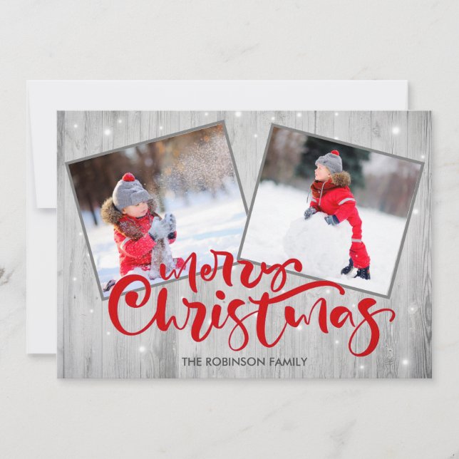 Wood Script Merry Christmas 2 Photo Holiday Card (Front)