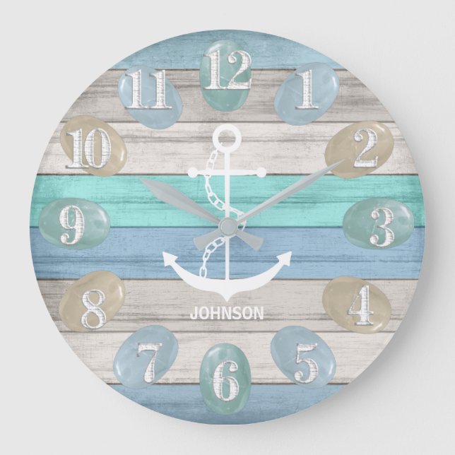 Wood - Sea Glass / Nautical / Anchor Large Clock (Front)