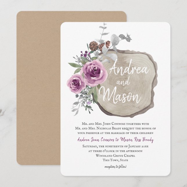 Wood Slice and Rose Purple and Silver Wedding Invitation (Front/Back)