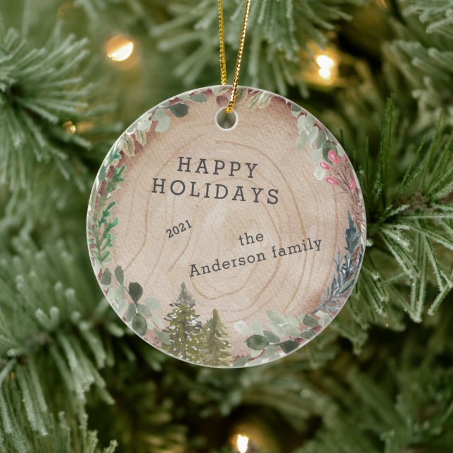 Wood Slice Happy Holidays Photo Ceramic Ornament (Tree)