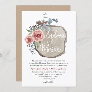 Wood Slice Rose and Eucalyptus Wedding Invitation