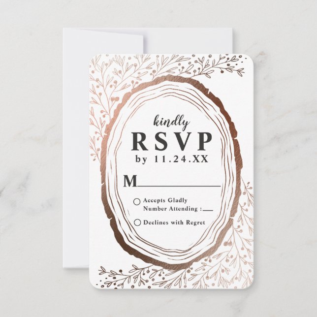 Wood Slice Rustic Copper Foil Autumn Wedding RSVP (Front)