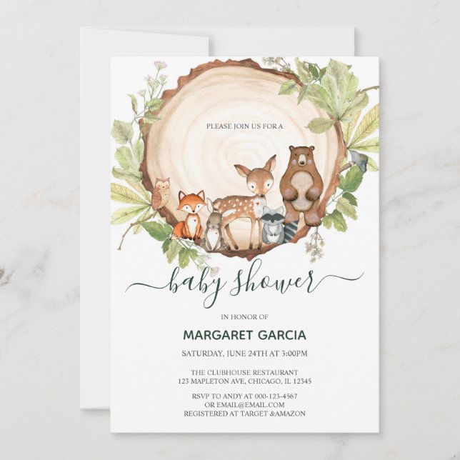 Wood Slice Tree Woodland Animal Baby Shower Invitation (Front)