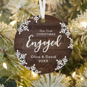 Wood Snowflakes Our First Christmas Engaged Script Metal Tree Decoration