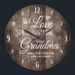 Wood Spending Time with Grandma Large Clock<br><div class="desc">Fun family clock with wood plank textured background. We Love spending time with grandma custom grand kids names. Add the grand kids names at the bottom of the clock for a unique keepsake gift.</div>