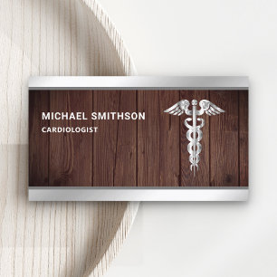 Wood Steel Caduceus Symbol Medical Professional Business Card