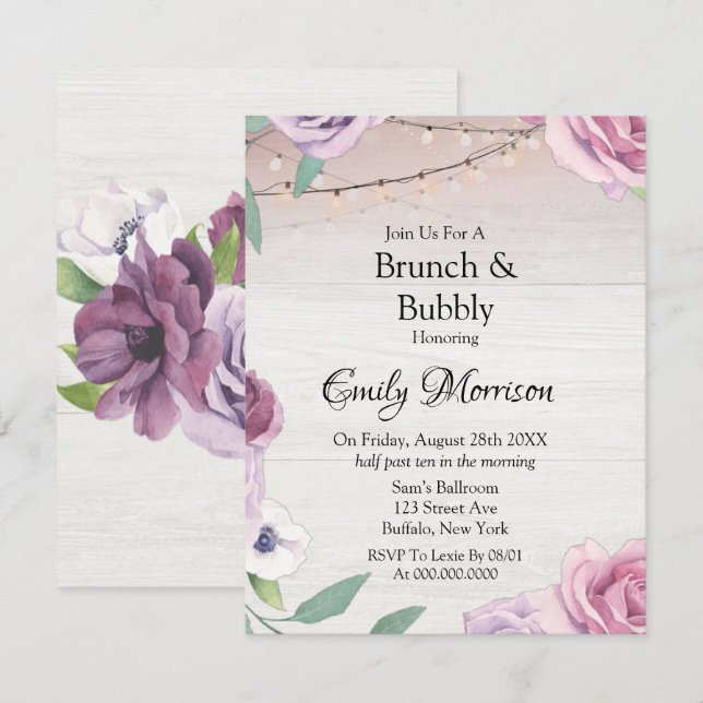 Wood String Light Lavender Peony Brunch and Bubbly Invitation (Front/Back)