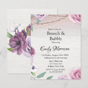 Wood String Light Lavender Peony Brunch and Bubbly Invitation