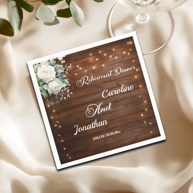 Wood String Lights Floral Rehearsal Dinner Wedding Napkin (Creator Uploaded)
