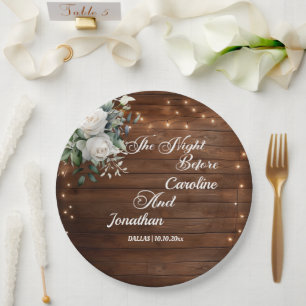 Wood String Lights Floral the Night Before Wedding Paper Plate