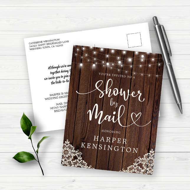 Wood String Lights Lace Bridal Shower by Mail Invitation Postcard (Creator Uploaded)