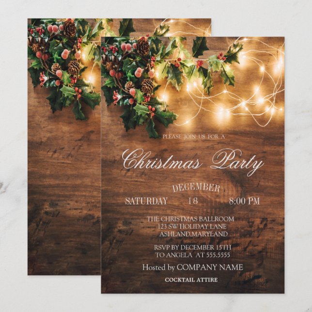 Wood,String Lights, Mistletoe Christmas Company Invitation (Front/Back)