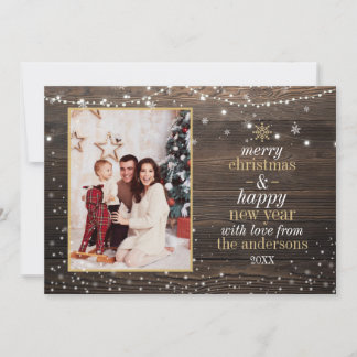 Wood, String Lights & Snow Elegant Christmas Photo Holiday Card