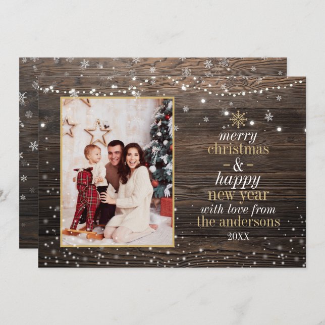 Wood String Lights & Snow | Rustic Christmas Photo Invitation (Front/Back)