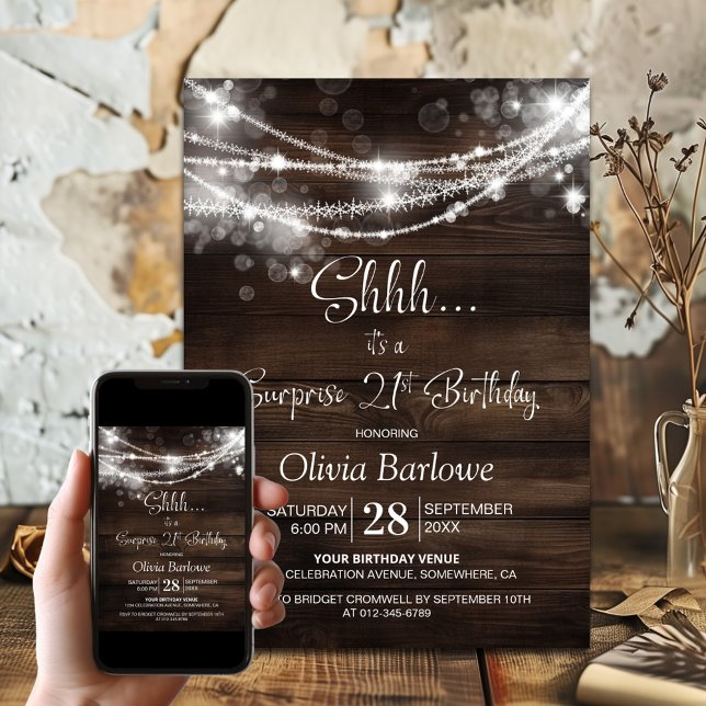 Wood String Lights Surprise 21st Birthday Party Invitation (Creator Uploaded)
