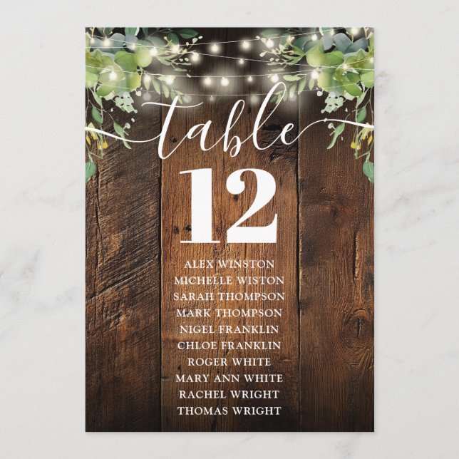 Wood  String Lights Table Number Seating Chart (Front)