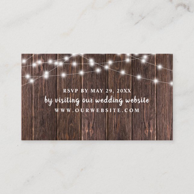 Wood string lights wedding RSVP website card (Front)