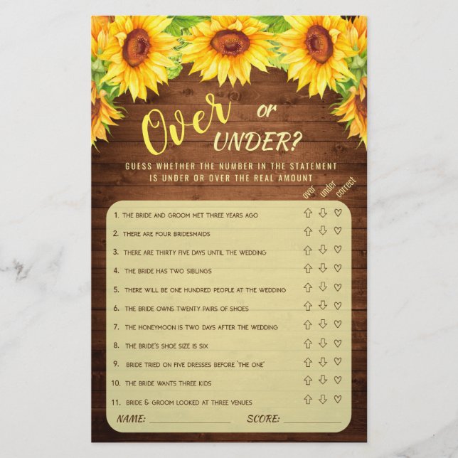 Wood Sunflower Blossom Greenery Bridal Shower Game (Front)