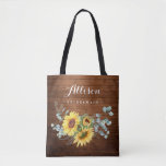 Wood Sunflower Eucalyptus Rustic Wedding Tote Bag<br><div class="desc">Give your bridal party a tote bag that'll make them feel totally flattered! These totes come customised to say anything that you'd like. For further customisation, please click the "customise further" link and use our design tool to modify this template. If you need help or matching items, please contact me....</div>