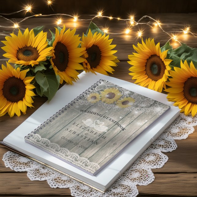 Wood Sunflower Lace String Light Wedding Guestbook Notebook (Creator Uploaded)