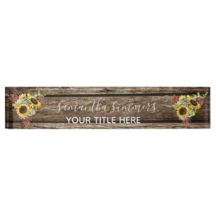 Wood Sunflower Rustic Handwritten Calligraphy Nameplate