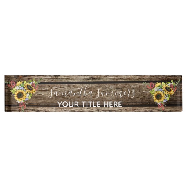 Wood Sunflower Rustic Handwritten Calligraphy Nameplate (Front)