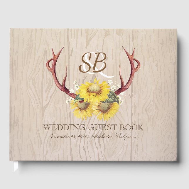 Wood Sunflowers Deer Antlers Rustic Country Guest Book (Front)