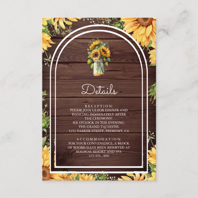 Wood Sunflowers Mason Jar Arch Wedding Details Enclosure Card (Front)