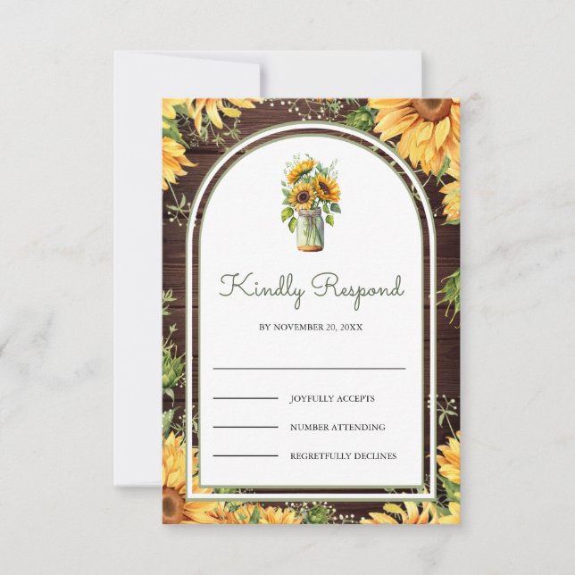 Wood Sunflowers Mason Jar Arch Wedding RSVP Card (Front)