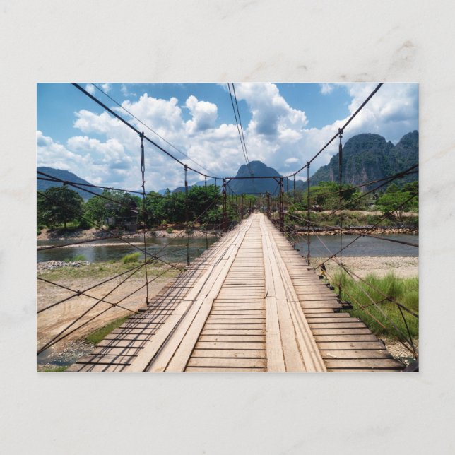 Wood Suspension Bridge over River, Vang Vieng Postcard (Front)