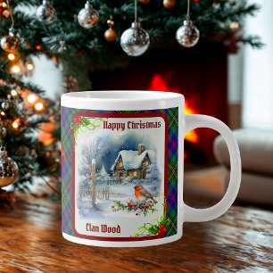 Wood Tartan & Robin Christmas Personalized Large Coffee Mug