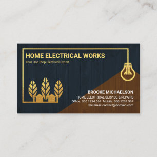 Wood Texture Gold Home Bulb Wiring Electrician Business Card